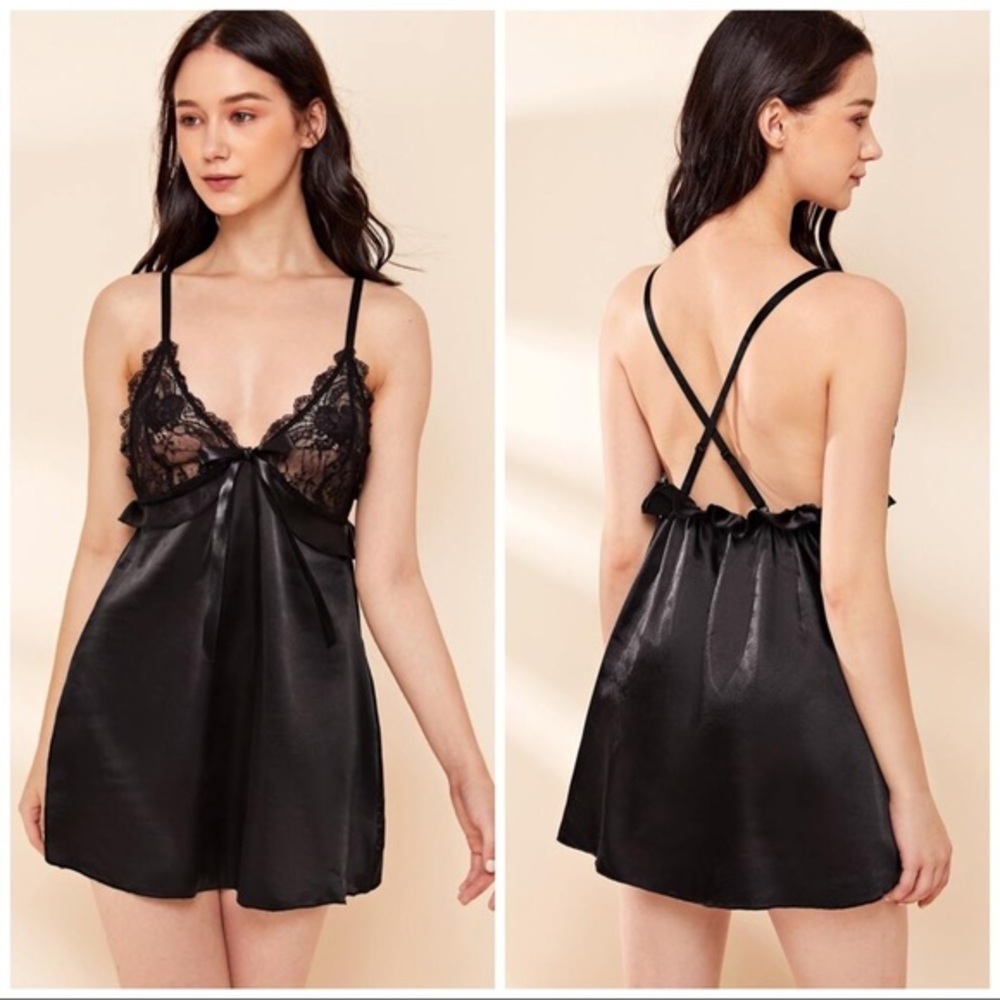 New Black Satin Silk-Like Lace Nightgown​
